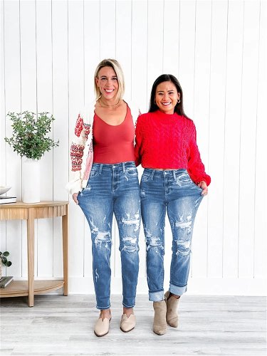 Tummy Control Distressed Cuffed Boyfriend Jeans