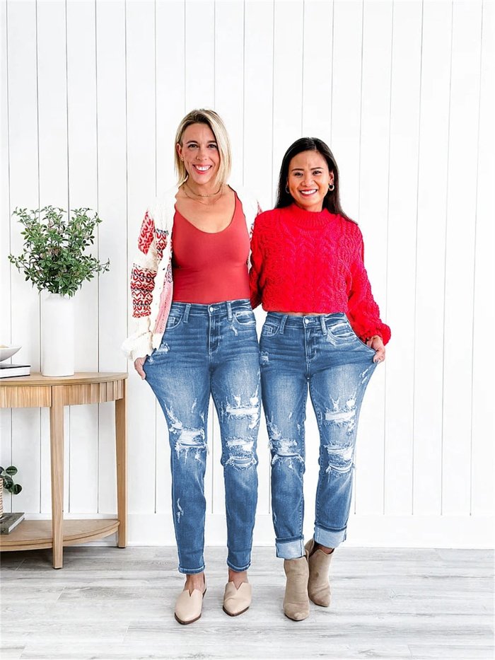 Tummy Control Distressed Cuffed Boyfriend Jeans