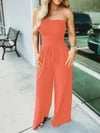 Off Shoulder Solid Color Smocked Jumpsuit