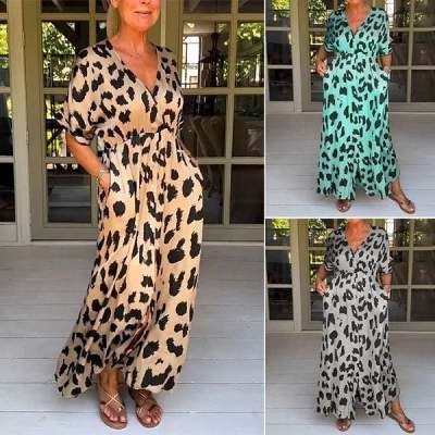 Loose Leopard V-Neck Maxi DressFree Shipping