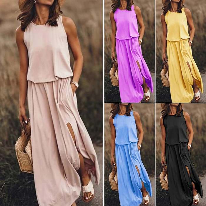 Summer Hot Sales - 49% OFFWomen Sleeveless Solid Round Neck Summer Maxi Dress