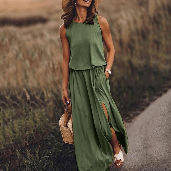Summer Hot Sales - 49% OFFWomen Sleeveless Solid Round Neck Summer Maxi Dress