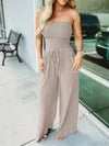 Off Shoulder Solid Color Smocked Jumpsuit