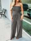 Off Shoulder Solid Color Smocked Jumpsuit