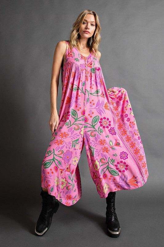 Hot Sale - 49% OFFVintage floral print loose sleeveless jumpsuit