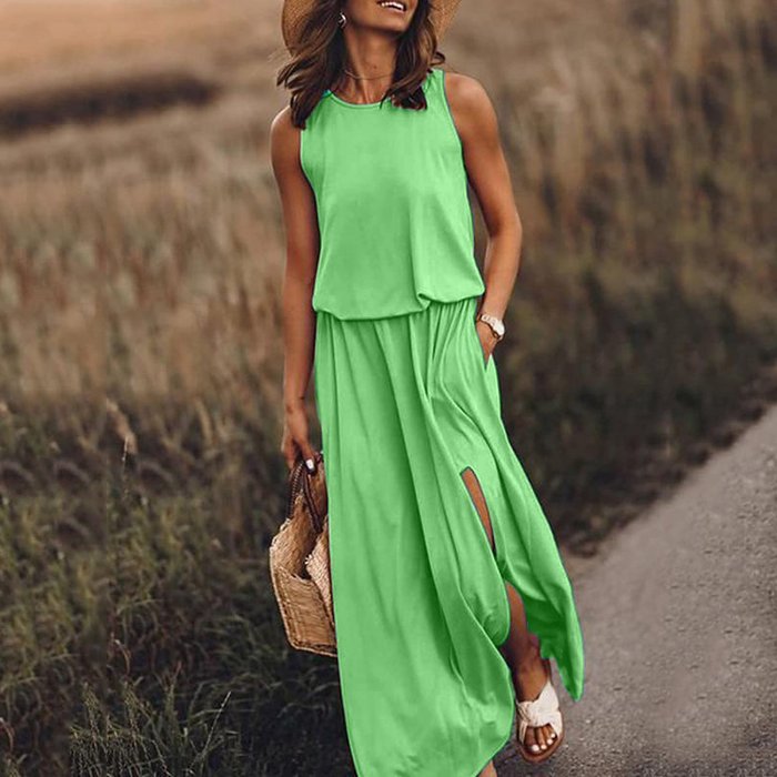 Summer Hot Sales - 49% OFFWomen Sleeveless Solid Round Neck Summer Maxi Dress