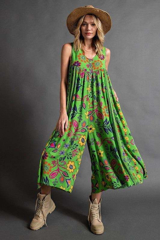 Hot Sale - 49% OFFVintage floral print loose sleeveless jumpsuit