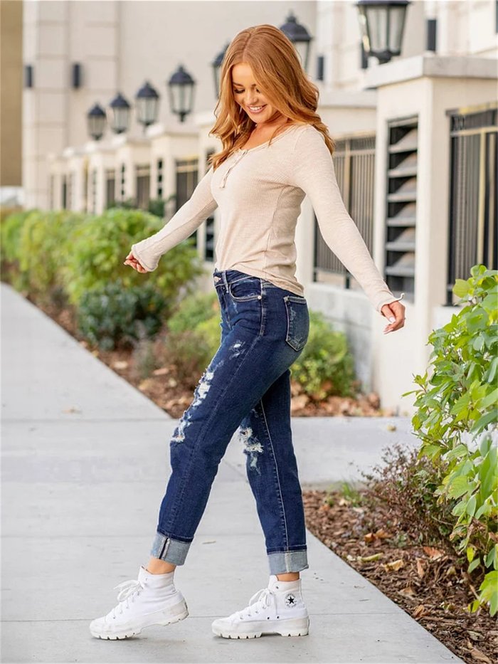 Tummy Control Distressed Cuffed Boyfriend Jeans