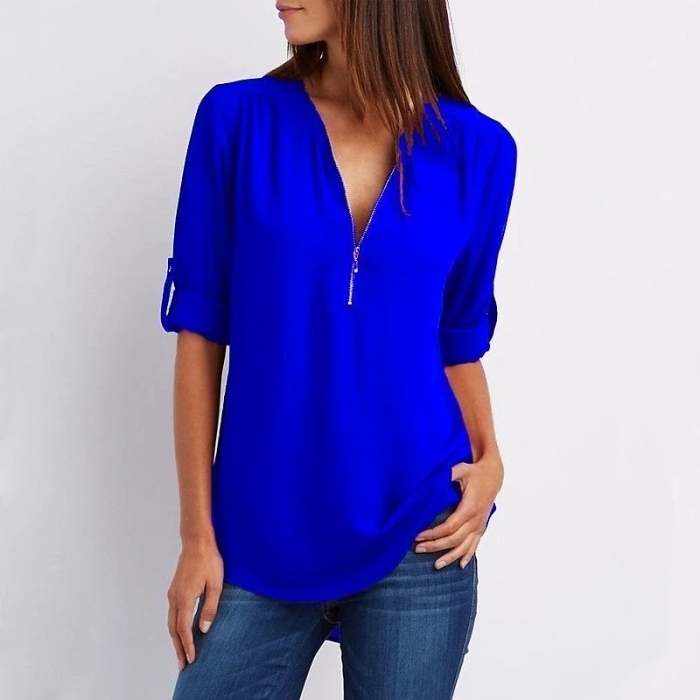 Plus Size Loose  3/4 Sleeve Zipper Blouse