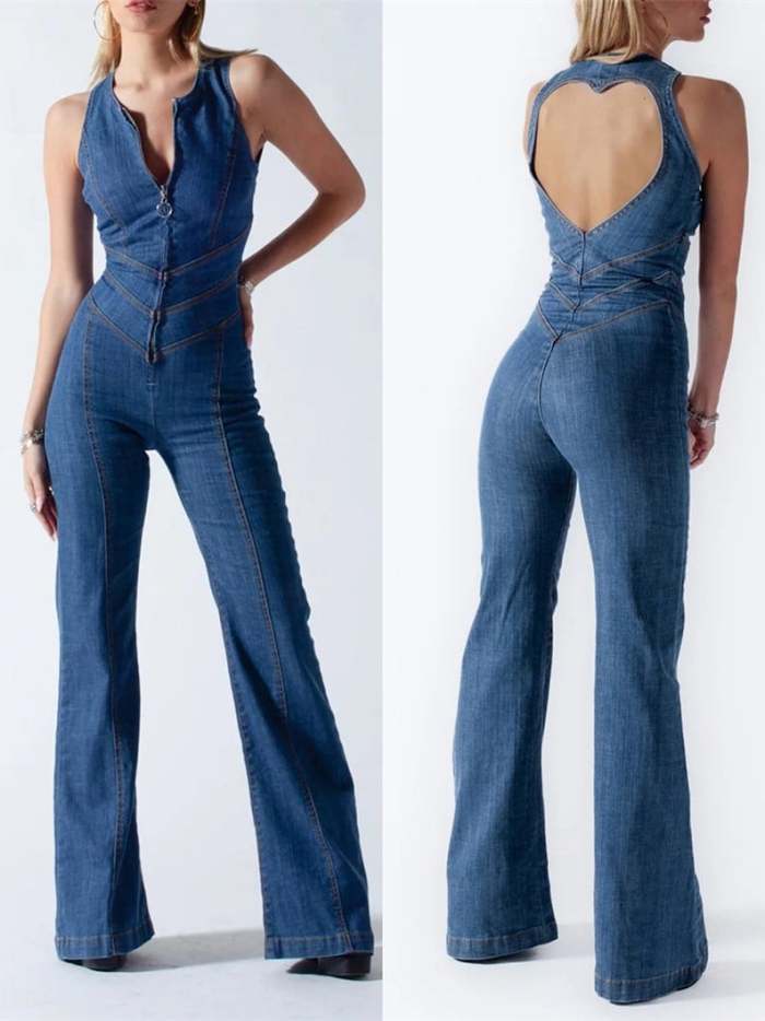 Backless Heart Cutout Denim Jumpsuit For Women