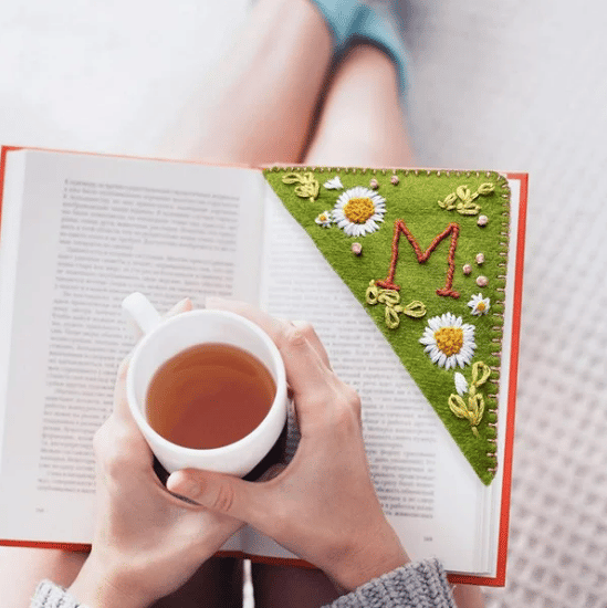 Personalized hand embroidered corner bookmark