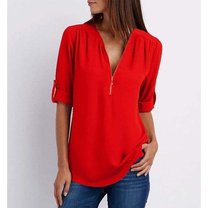 Plus Size Loose  3/4 Sleeve Zipper Blouse