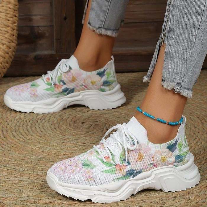 Floral Print Lace-up Breathable  Sneakers