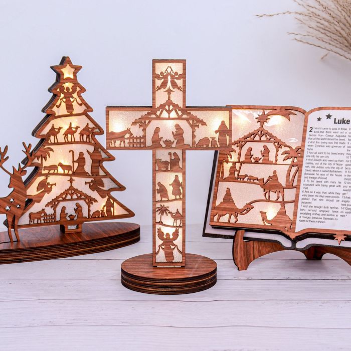 3D Wooden Nativity Scene Book Display With Light