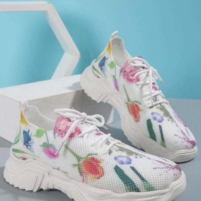 Floral Print Lace-up Breathable  Sneakers