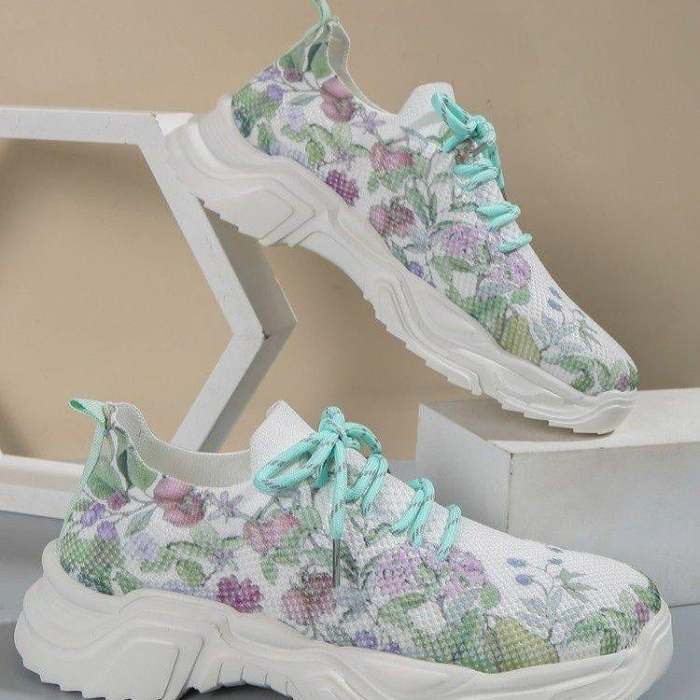 Floral Print Lace-up Breathable  Sneakers