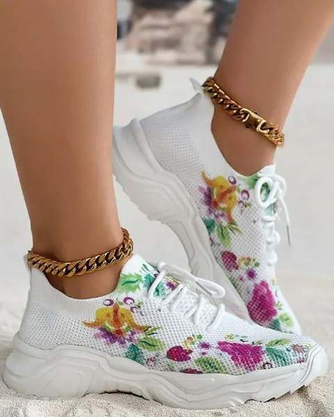 Floral Print Lace-up Breathable  Sneakers