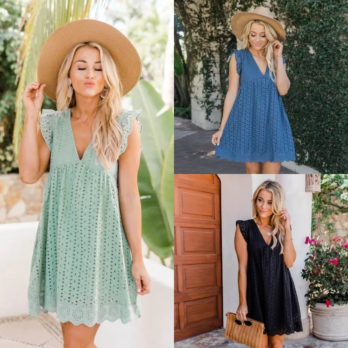 summer V-neck short-sleeved hollow lace dress