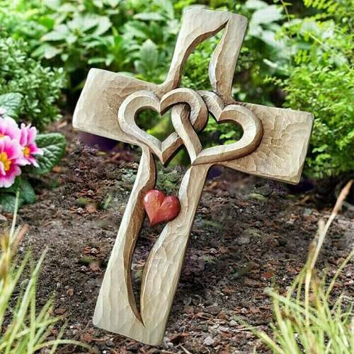 Carved wooden cross - intertwined hearts