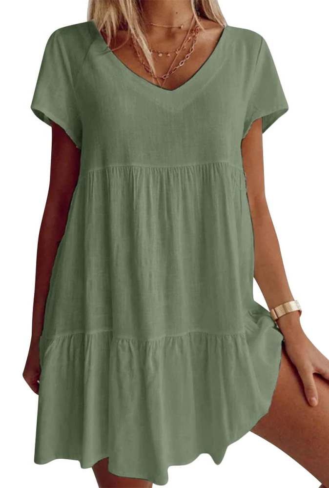 Plus Size Cotton-Blend V Neck Casual Short Sleeve Weaving Dress