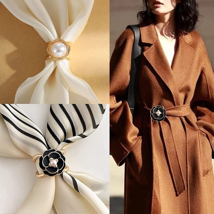 Women's Elegant Pearl Floral Scarf Ring Clip