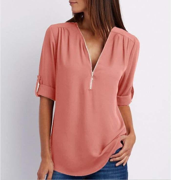 Plus Size Loose  3/4 Sleeve Zipper Blouse