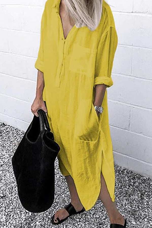 Elegant Solid Color Slit Shirt Dress