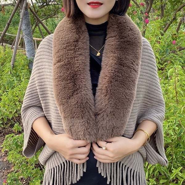 Winter Knit Fringe Fur Collar Shawl