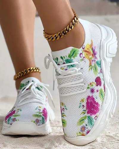 Floral Print Lace-up Breathable  Sneakers