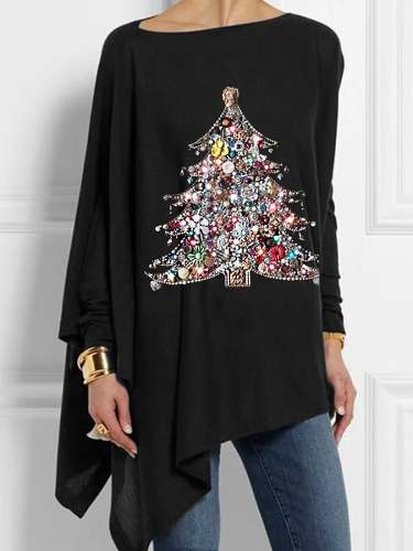 Women's Christmas Santa Claus Print Casual Irregular Bat Sleeve T-Shirt