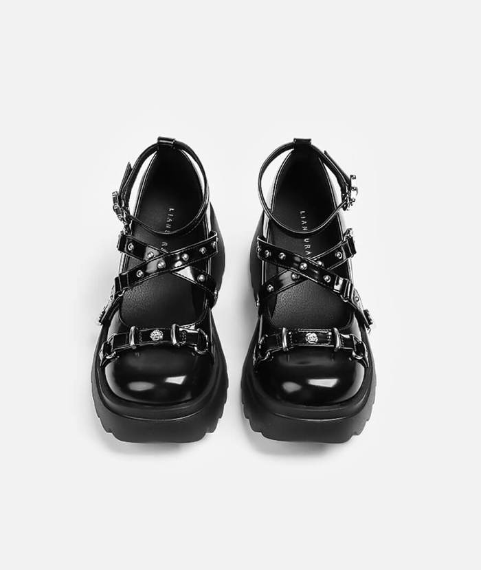 Cross Strap Rivet Black Mary Jane Shoes