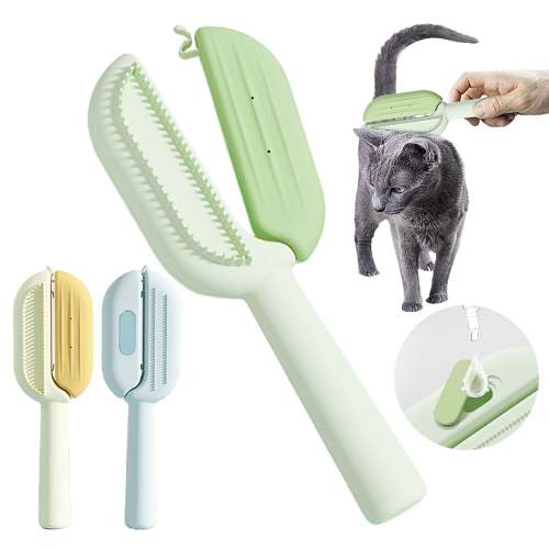 Self-cleaning pet grooming brush.