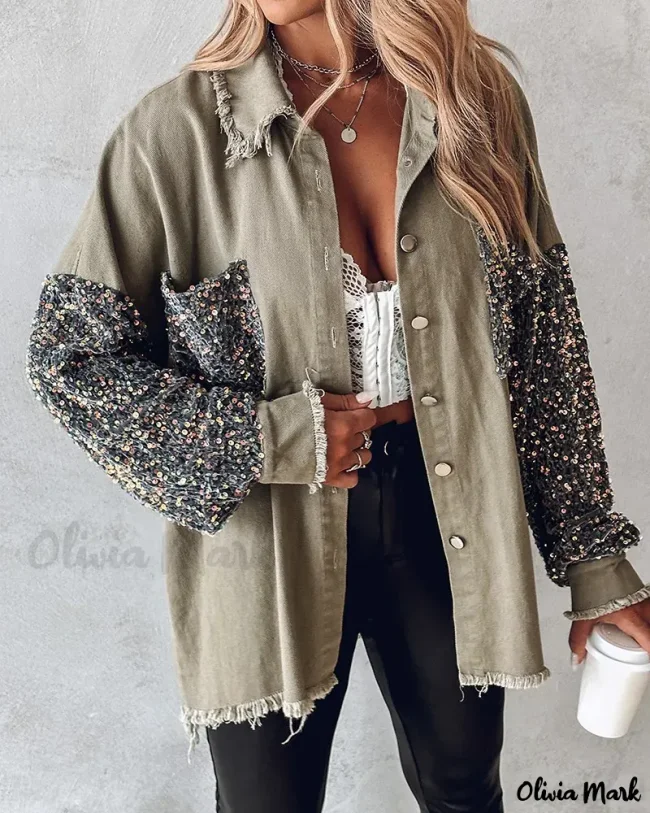 Stylish Sequined Shacket with Raw Hem