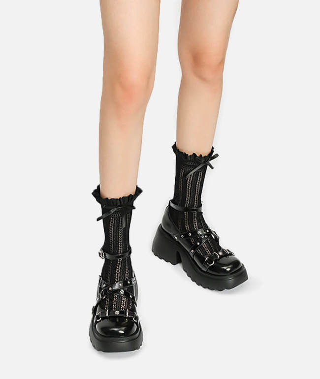 Cross Strap Rivet Black Mary Jane Shoes