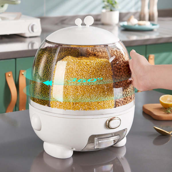Rotatable multi-grain rice storage box.