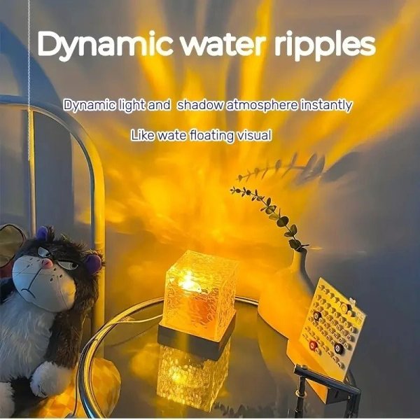 Water Ripple Cube Crystal Projector Lamp - 16 Colors Flame Crystal Lamp for Living Room, Study Room and Bedroom Rotating Light