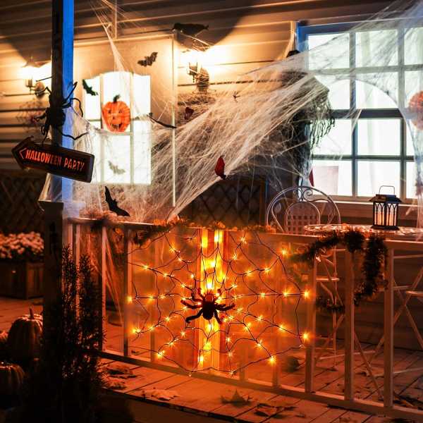 Spider Web Light with Hairy Spider 70LED Battery Powered Remote Control 8 Lighting Modes