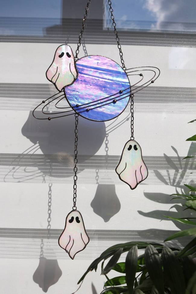 Suncatcher Saturn with Ghosts Dreamcatcher Stained glass Halloween decor