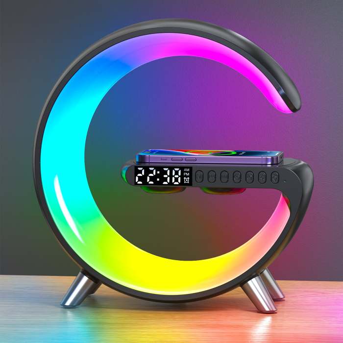 Wireless Cellphone Charger Intelligent Bluetooth Speaker LED Lamp, Multifunctional RGB Night Light Alarm Clock & Charging Station