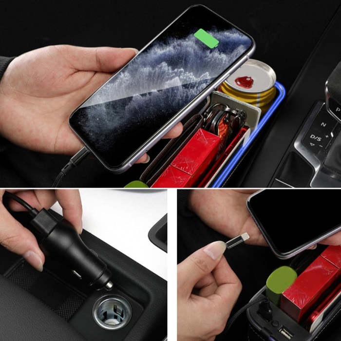 Multi-functional Car Seat Gaps Organizer Storage Box With Two USB Charging LED Light