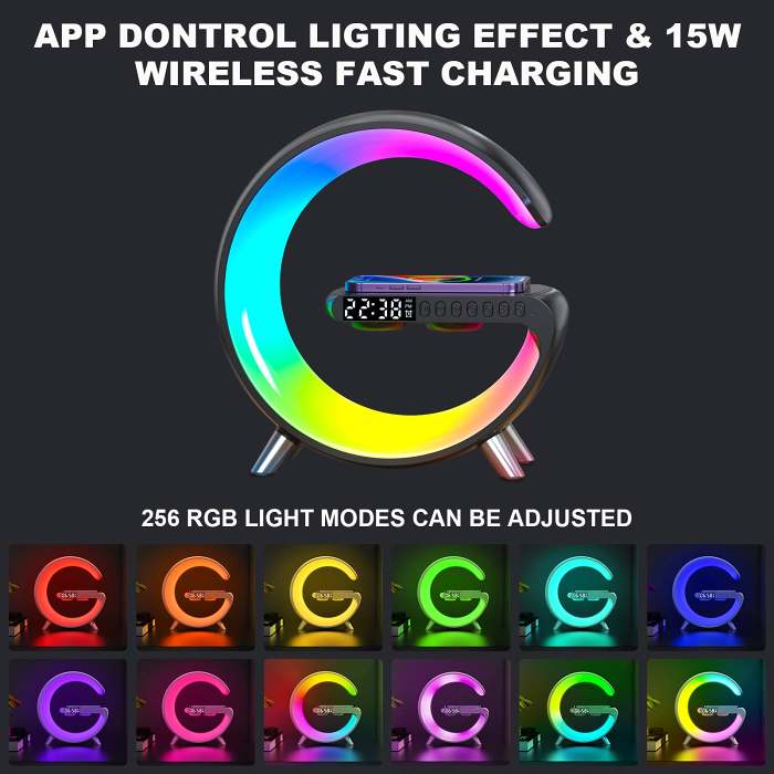 Wireless Cellphone Charger Intelligent Bluetooth Speaker LED Lamp, Multifunctional RGB Night Light Alarm Clock & Charging Station