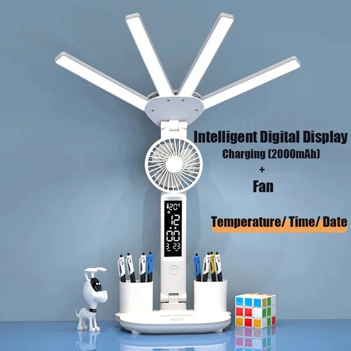 3-in-1 Multifunction LED Table Lamp - Four-Headed Folding Design with Fan, Calendar, Clock, USB Rechargeable Desk Light, and 3-Color Reading Lamp