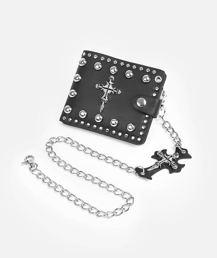 Black Chain Wallet With Cross & Rivets