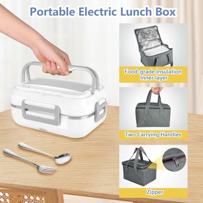 Electric Lunch Box Food Heater, 12V/110VCar Home Portable Lunch Heater with Removable Stainless Steel Container Fork Spoon Carry Bag