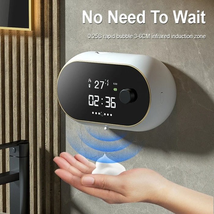 Foam Soap Sensing Dispenser - Time Temperature Display Contactless Waterproof Automatic Soap Dispenser