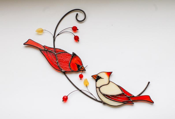Pair of Cardinal Bird Stained Ornament