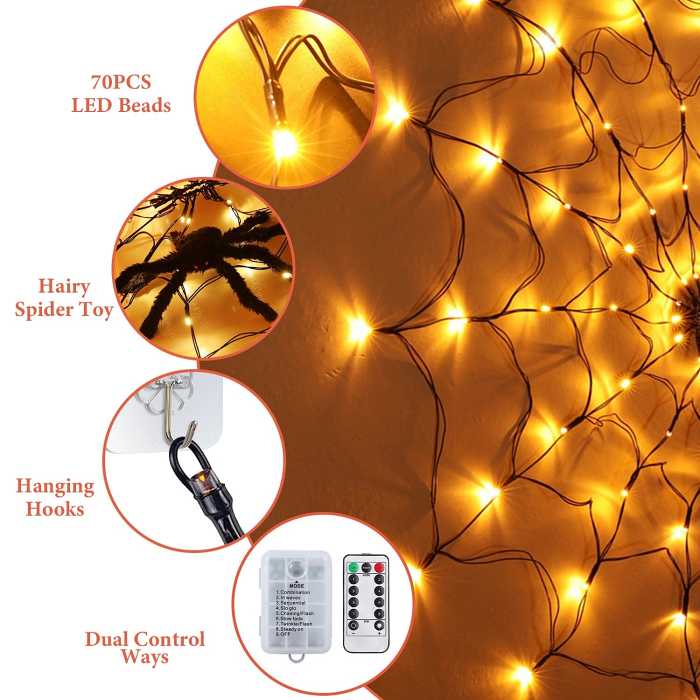 Spider Web Light with Hairy Spider 70LED Battery Powered Remote Control 8 Lighting Modes