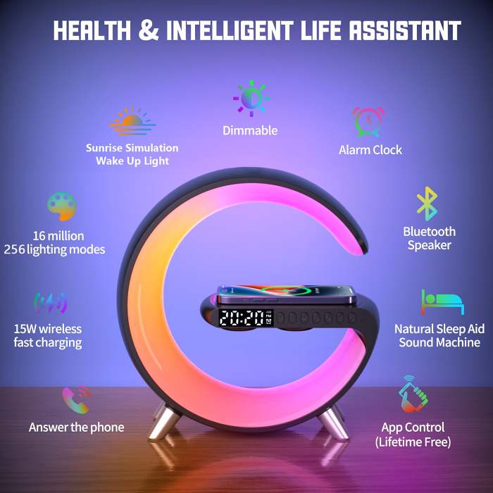 Wireless Cellphone Charger Intelligent Bluetooth Speaker LED Lamp, Multifunctional RGB Night Light Alarm Clock & Charging Station