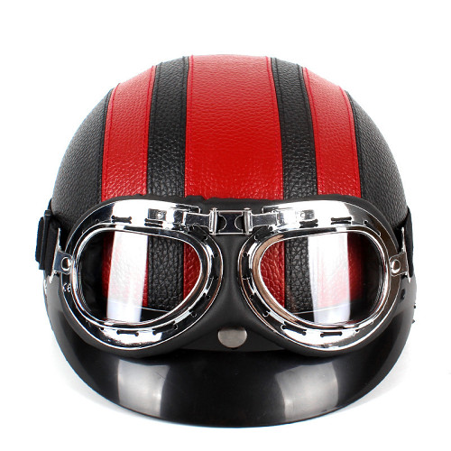 Retro Motorcycle Leather Half Helmet With Goggles Neck Brace 57-62cm