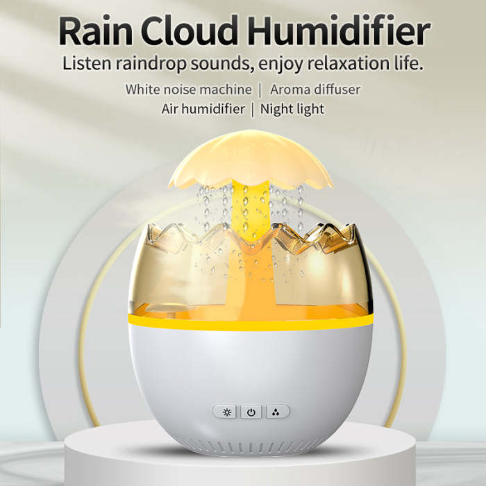 Rain Fine Mist Cloud Humidifier Water Drip Mushroom Humidifier Falls Lamp with 7 Colors Light Eggshell Rainfall Humidifier Aroma Diffuser for Home Office